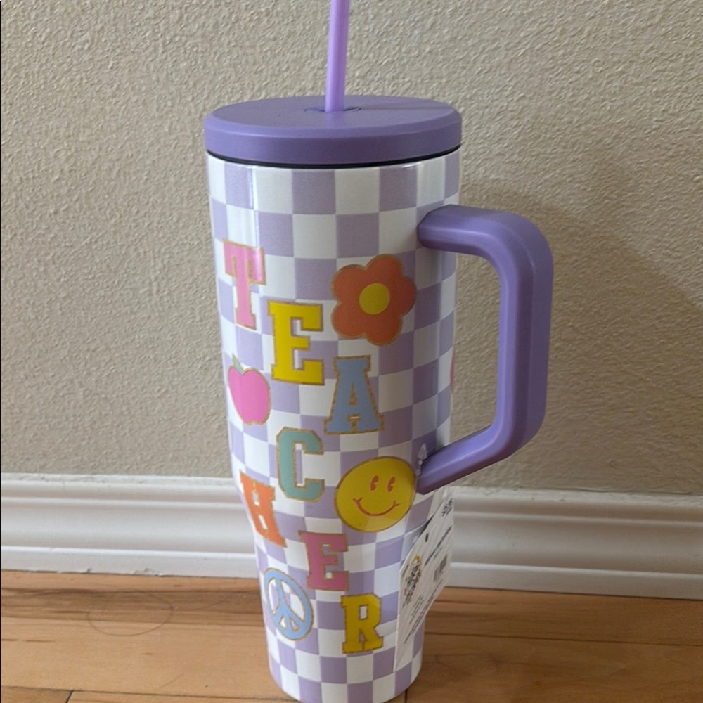 Purple Checkered Teacher Tumbler with Straw